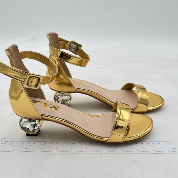 FYS Gold Rhinestone Studded Round Toe Sandals Ankle Strap Block Low Heels Shoes - Picture 4 of 8